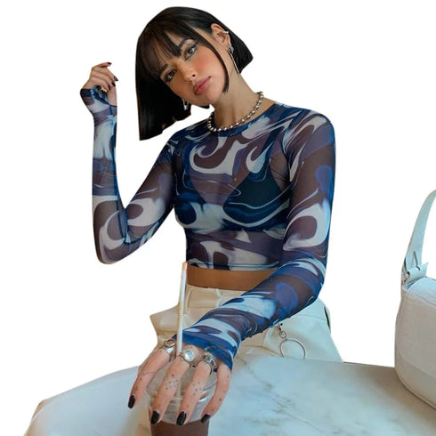 Sheer Print Mesh Crop Top with Long Sleeves