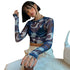 Sheer Print Mesh Crop Top with Long Sleeves