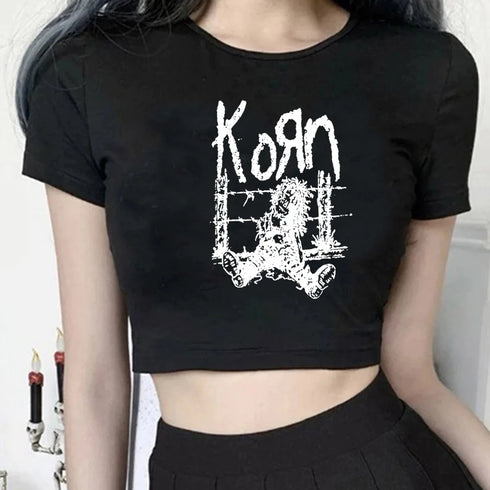 Y2K Style Korn Crop Top for Women - Short Sleeve T-Shirt
