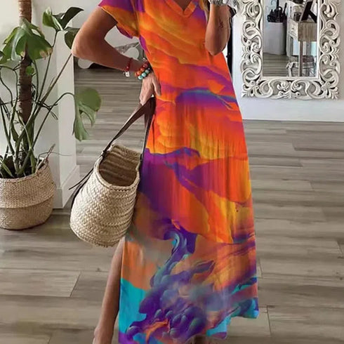 Chic Printed Maxi Dress with Round Neck