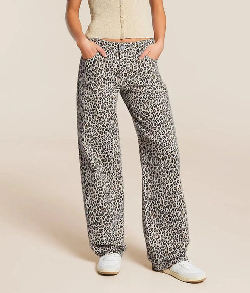 Women's Leopard Print Straight Leg Denim Jeans