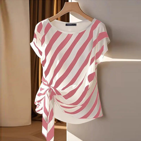Korean Striped Short Sleeve Blouse for Women