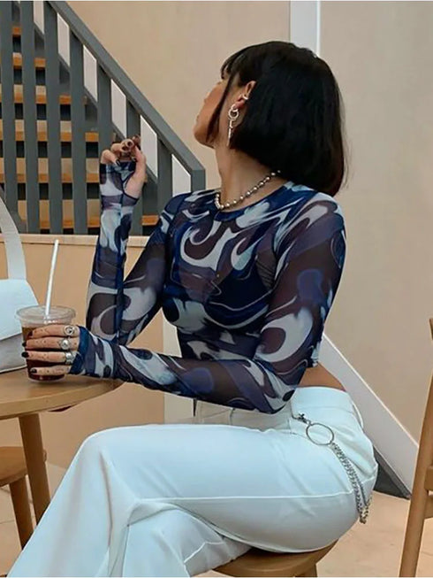 Sheer Print Mesh Crop Top with Long Sleeves