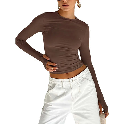 Chic Long Sleeve Women’s Crop Top with Thumb Holes - Slim Fit Casual Tee for Effortless Summer Style