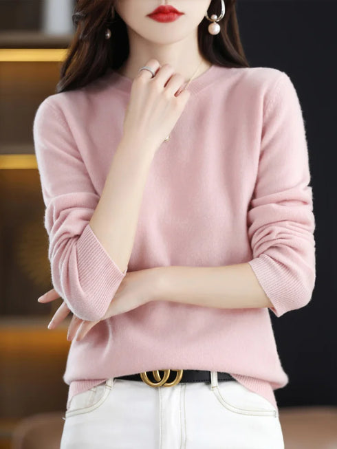 Women's 100% Merino Wool O-Neck Pullover Sweater