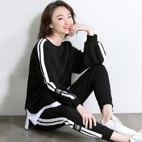 Women's Casual Loungewear Set - Long Sleeve Crop Top & Pants