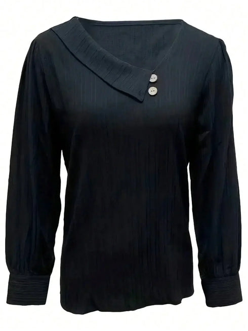 Plus Size Long Sleeve Button-Up Shirt with Skew Collar