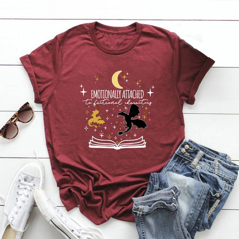 Emotionally Attached To Fictional Characters T Shirt Unisex Graphic Tee for Book Lovers Short Sleeve Casual Top