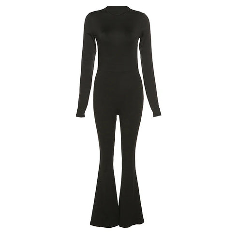 Women’s Black Flare Leg Jumpsuit with Long Sleeves