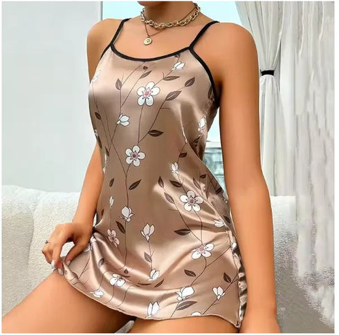 Floral Print Silk Nightdress for Women