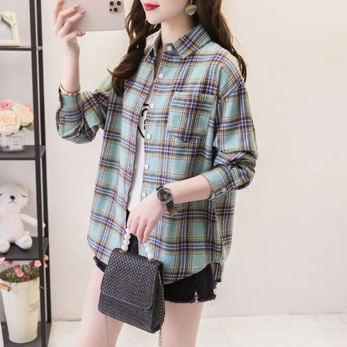 Loose Fit Cotton Plaid Shirt for Women