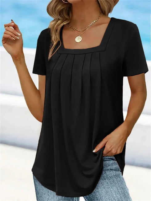 Plus Size Solid Color Pleated Square Neck Women's T-shirts Loose Short Sleeve Ruffled Lady Tee Basic Elegant Sexy Commuter Tops