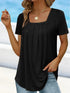 Plus Size Solid Color Pleated Square Neck Women's T-shirts Loose Short Sleeve Ruffled Lady Tee Basic Elegant Sexy Commuter Tops