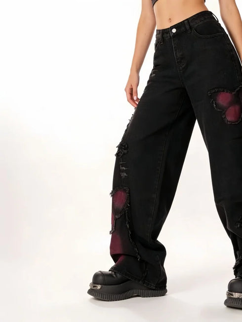 Women's Baggy Butterfly Jeans in Black