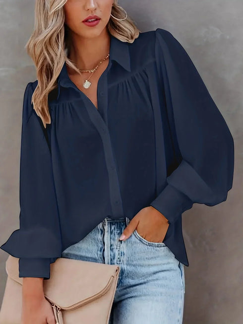 Plus Size Long Sleeve Loose Blouse with Lapel Neck