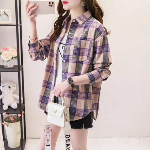 Loose Fit Cotton Plaid Shirt for Women