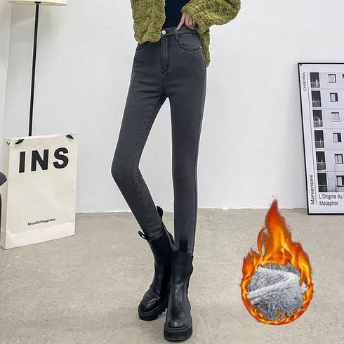 High Waist Thermal Jeans for Women - Warm Plush Denim