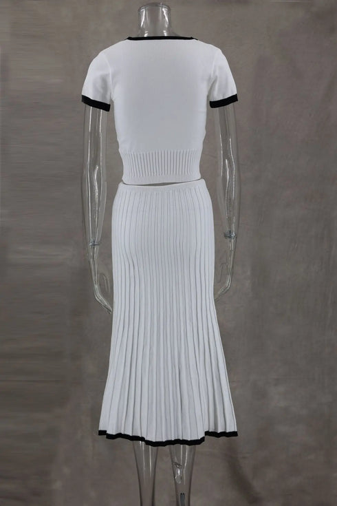 Elegant White Pleated Skirt Set with Short Sleeve Top