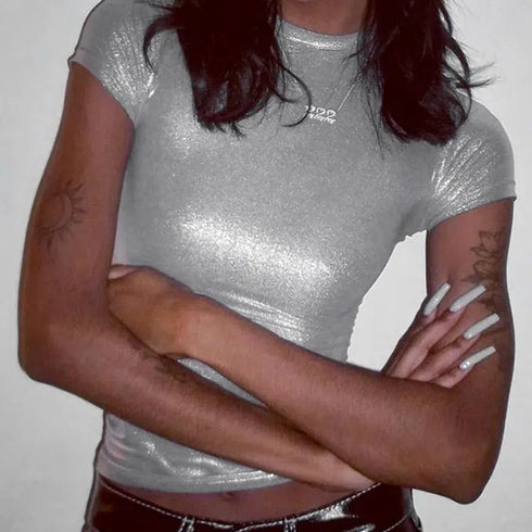 Leather Solid O Neck Short Sleeves Sexy Slim Y2K T-Shirt Top Summer Women Fashion Tees Streetwear Grunge Clothes