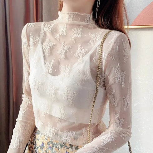 Sheer Long Sleeve Lace Turtleneck Top in Black and White