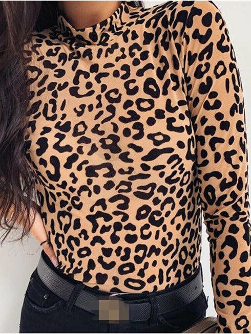 Leopard Print Turtleneck Long Sleeve Top