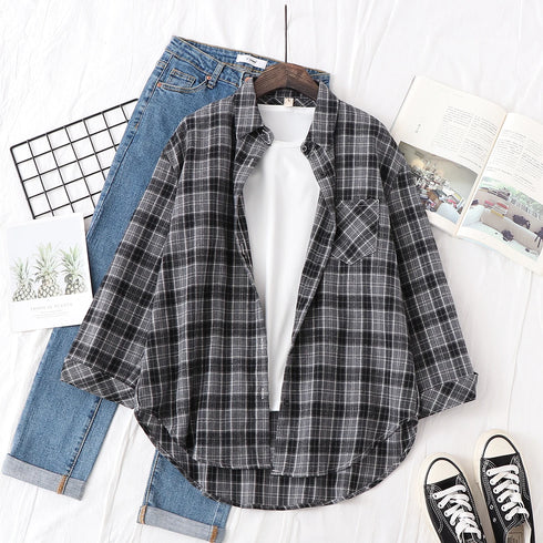 Elegant Women's Plaid Shirt 2025 New Ladies Large Size Casual Loose Lapel Long Sleeve Blouse&Tops Female Lapel Checked Clothing