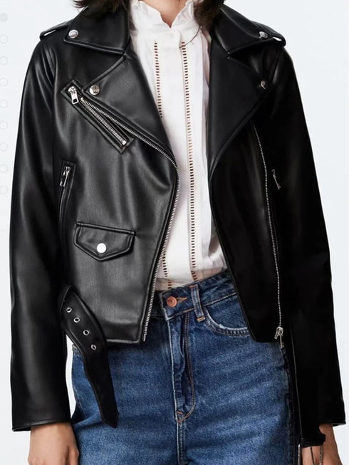 Women’s Slim Fit Black Faux Leather Biker Jacket