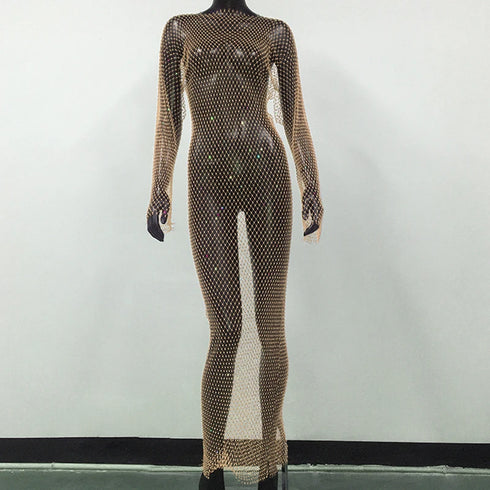 Shiny Rhinestones Grid Fishnet Dress