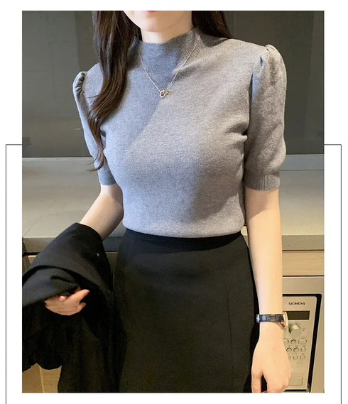 Women's Puff Sleeve Knitted Blouse with Half Turtleneck