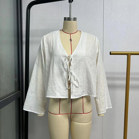 Green Linen Lace Up Long Sleeve V Neck Shirt for Women