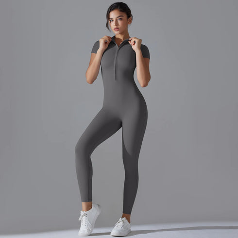 Women's Short Sleeve Yoga Bodysuit with Zipper