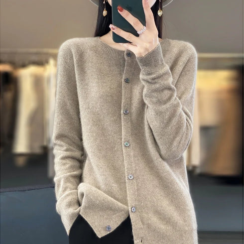 100% Pure Merino Cashmere O-Neck Cardigan for Women