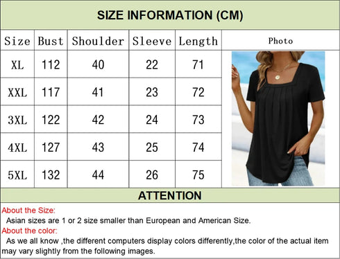 Plus Size Solid Color Pleated Square Neck Women's T-shirts Loose Short Sleeve Ruffled Lady Tee Basic Elegant Sexy Commuter Tops