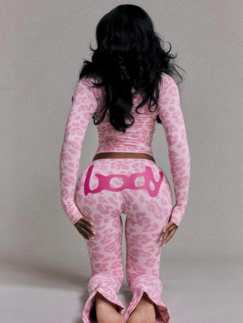 Casual Leopard Print Zip-Up Top and Trousers Set