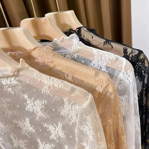 Floral Lace Turtleneck Blouse for Women