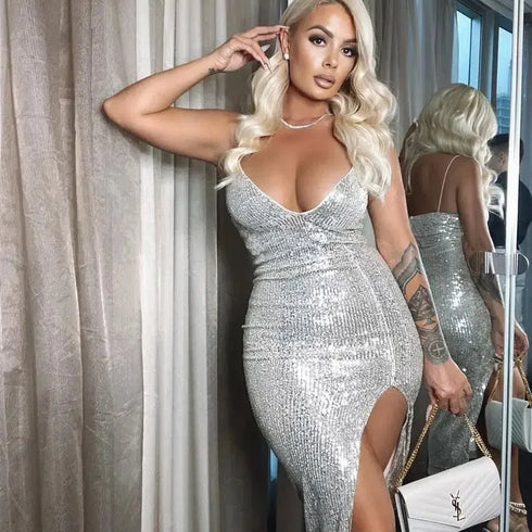 Silver Sequined Deep V-neck Bodycon Dress