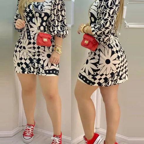 New Fashion Summer Casual Sexy Elegant Dresses Black Printed Square Neck Dress for Women