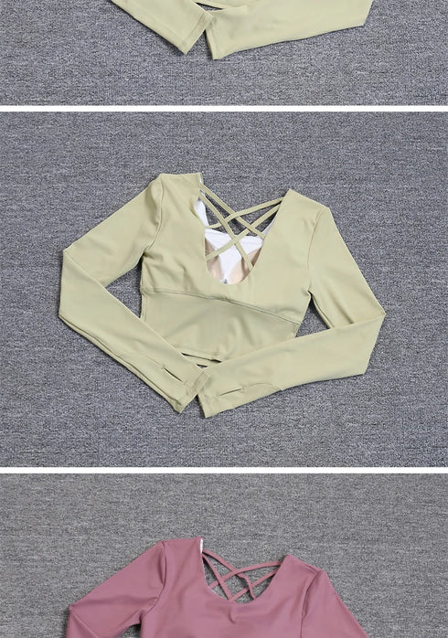 Women's hollow-out back with a built-in bra, long-sleeved yoga top, quick-drying, one-piece bra, pil training fitness suit.