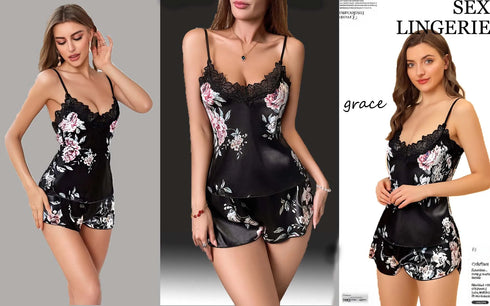 Plus Size Floral Pyjama Set - Black with Lace Trim