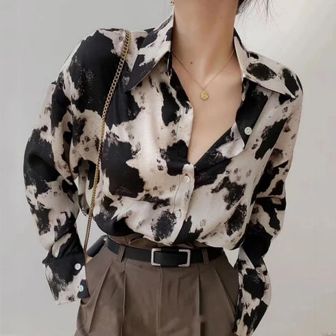 Spring Cow Print Button-Up Blouse for Women