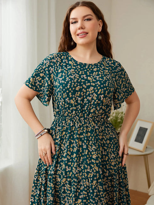 Plus Size Floral Bohemian Ankle-Length Dress