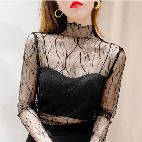 Sheer Lace Long Sleeve Turtleneck Top for Women