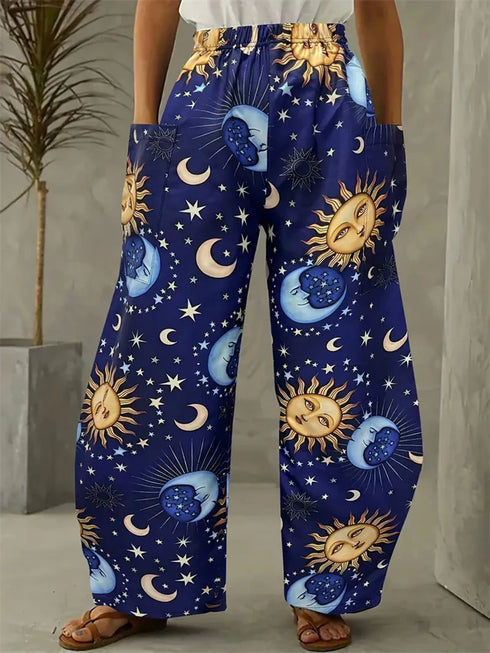 Abstract Star and Moon Print Wide-Leg Pants