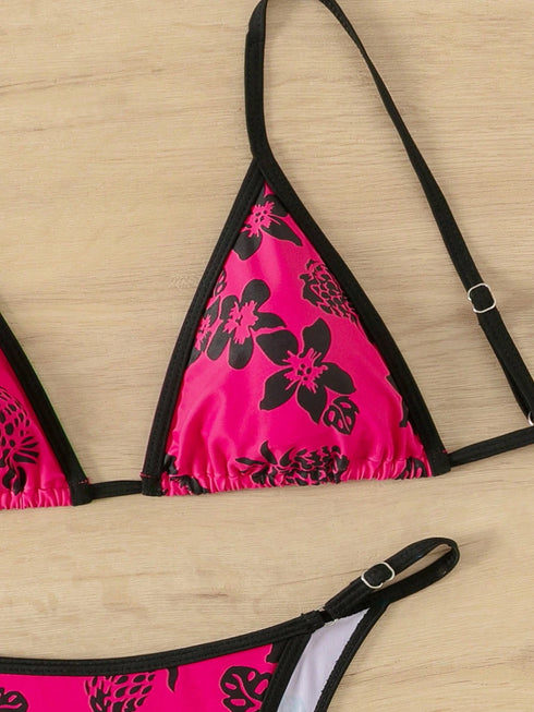 Floral Contrast Print Adjustable Bikini Set