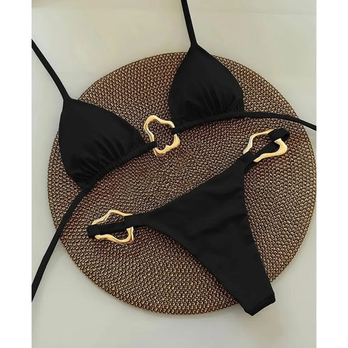 Solid Colour Lace-Up Two-Piece Bikini Set