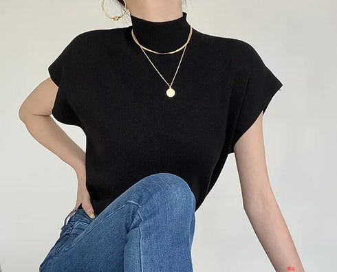 Solid Stand-up Collar Knitted Blouse Vest