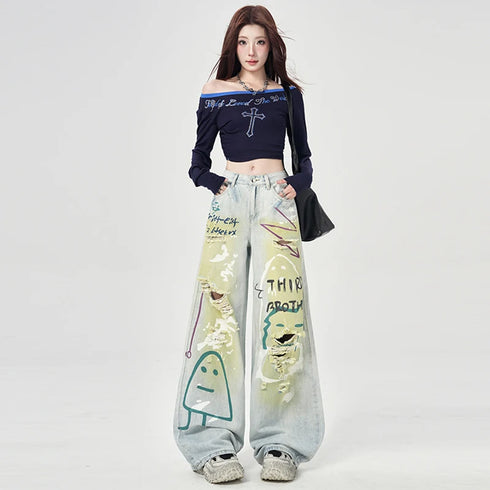 Trendy Y2K Vintage Wide Leg Jeans with Artistic Print
