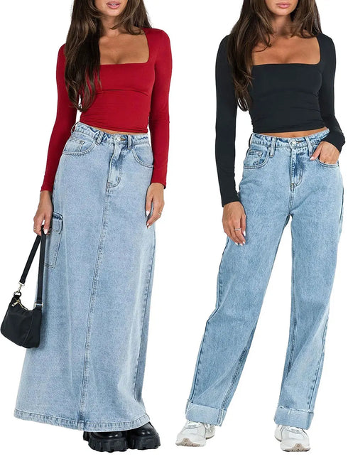 Women's Slim Fit Crop Tops Fashion Long Sleeve Square Neck Solid Color Pullover Basic T-Shirt Dressy Blouses 2024 New Streetwear