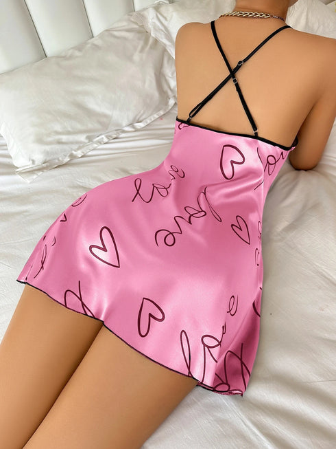 Heart Letter Print Spaghetti Strap Nightdress