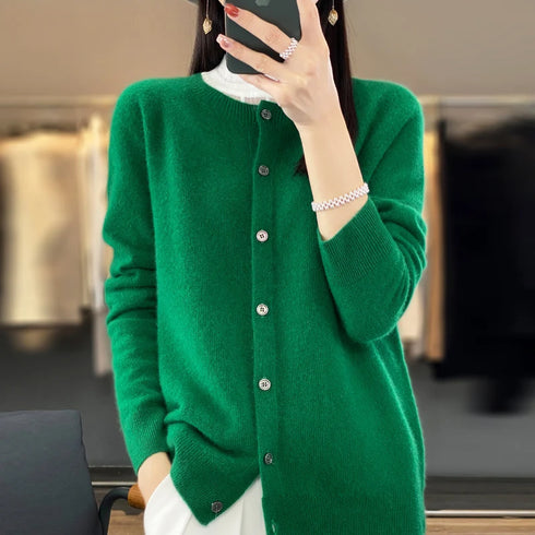 100% Pure Merino Cashmere O-Neck Cardigan for Women
